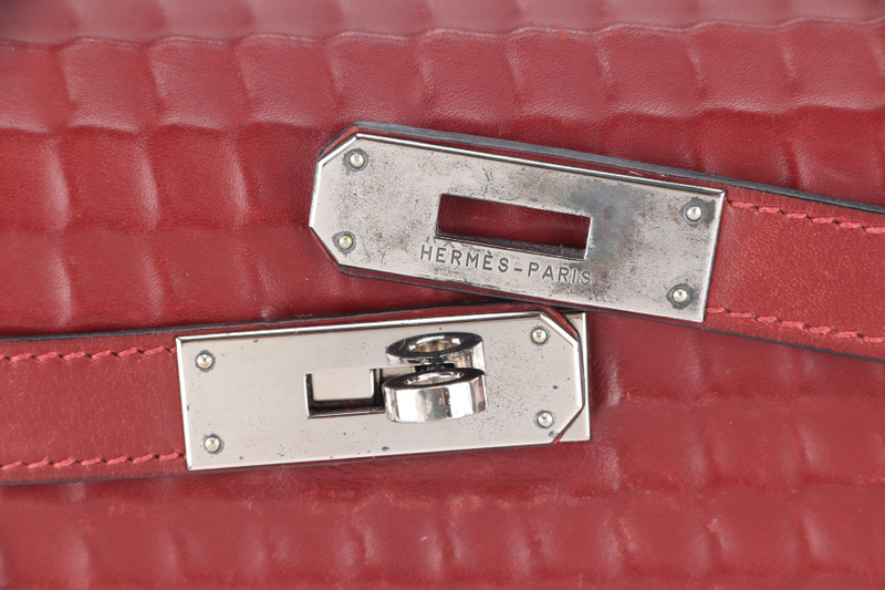 HERMES KELLY 32 WAFFLE SELLIER STAMP G (YEAR 2003) ROUGE H EVERCALF LEATHER SILVER HARDWARE WITH STRAPS, DUST COVER (NO KEYS & LOCK)