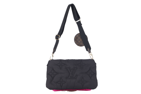 LOUIS VUITTON MAXI MULTI POCHETTE (M58980) BLACK AND FUCHSIA NYLON PILLOW MONOGRAM WITH GOLD CHAIN , STRAP WITH DUST COVER