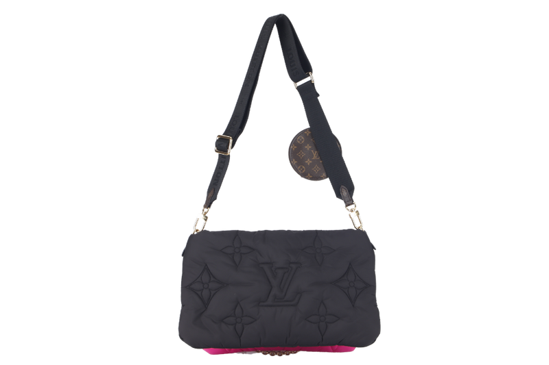 LOUIS VUITTON MAXI MULTI POCHETTE (M58980) BLACK AND FUCHSIA NYLON PILLOW MONOGRAM WITH GOLD CHAIN , STRAP WITH DUST COVER