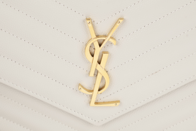 YVES SAINT LAURENT (YSL) CASSANDRE MATELASSE FLAP CLUTCH IN GRAIN DE POUDRE WHITE LEATHER GOLD HARDWARE WITH DUST COVER AND BOX