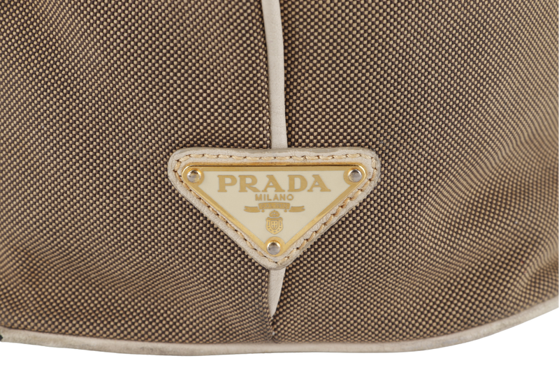 PRADA LOGO JACQUARD TOTE KHAKI CANVAS GOLD HARDWARE NO DUST COVER