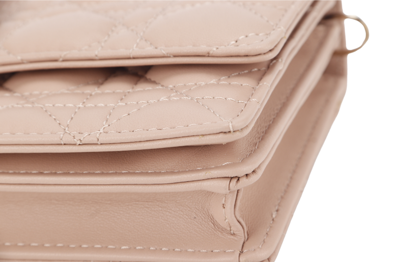 CHRISTIAN DIOR CHAIN TOP HANDLE LADY DIOR WOC MINI CARAMEL BEIGE LAMBSKIN GOLD HARDWARE WITH STRAPS, CARD, DUST COVER AND BOX