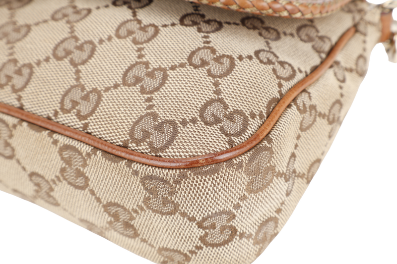 GUCCI VINTAGE BEIGE AND BROWN GG CANVAS MARRAKECH EVENING BAG GOLD HARDWARE WITH DUST COVER