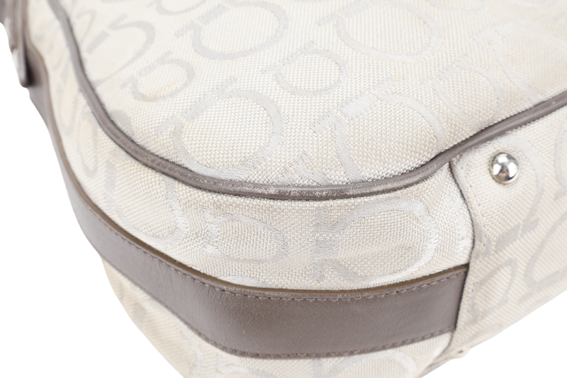 SALVATORE FERRAGAMO GANCINI GREY CANVAS WITH BROWN LEATHER LINING SILVER HARDWARE WITH DUST COVER