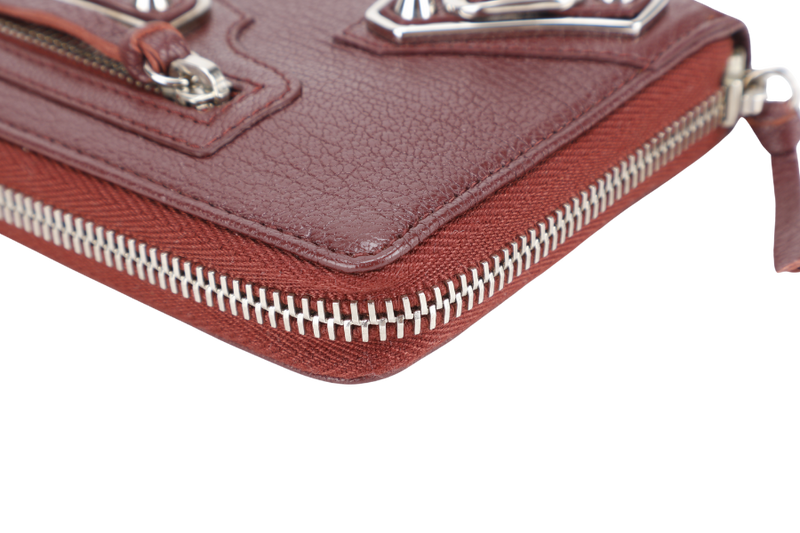 BALENCIAGA EDGE CONTINENTAL MAROON LEATHER ZIPPY WALLET SILVER HARDWARE WITH DUST COVER