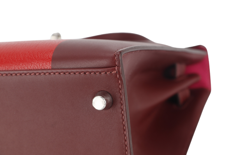 HERMES KELLY 28 STAMP C (YEAR 2019) LETTRE M ROUGE H VERMILLION, ROSE TYRIEN EPSOM, CHEVRE SOMBRERO SILVER HARDWARE WITH LOCK&KEYS, RAINCOAT AND DUST COVER