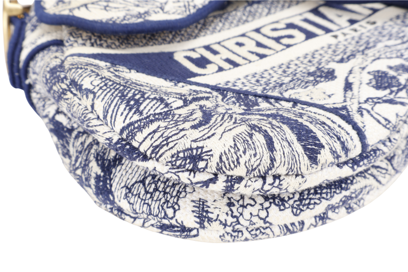 CHRISTIAN DIOR SADDLE TOILE DE JOUY WHITE BLUE CANVAS GOLD HARDWARE WITH DUST COVER AND BOX