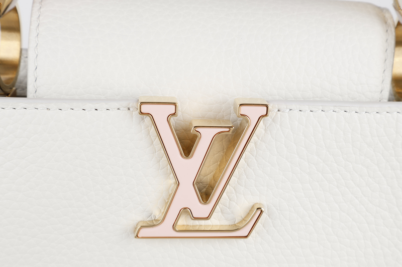 LOUIS VUITTON CAPUCINES BB SNOW WHITE CALFSKIN LEATHER GOLD HARDWARE WITH STRAPS AND DUST COVER