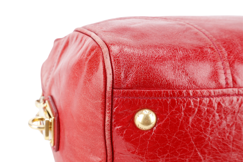 PRADA BL0822 RED VITELLO SHINE LEATHER ZIP TOTE BAG WITH CARD, STRAPS, KEYS & LOCK AND DUST COVER