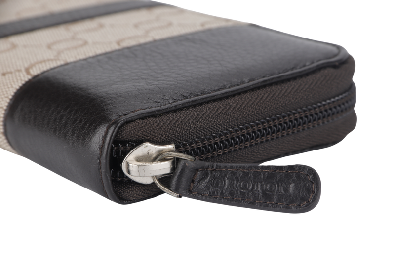 OROTON ZIP LONG WALLET BROWN CANVAS SILVER HARDWARE WITH BOX