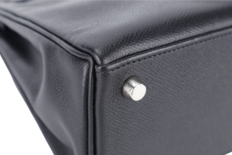 HERMES KELLY 25 RETOURNE BLACK EPSOM SILVER HARDWARE STAMP H (2004) WITH LOCK, KEYS, STRAPS AND DUST COVER