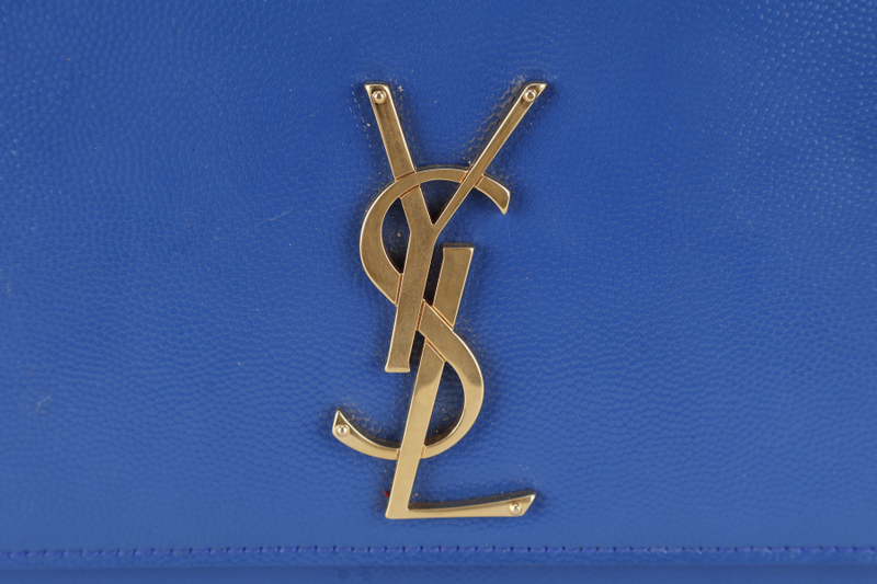 YVES SAINT LAURENT (YSL) RECTANGLE CLUTCH BLUE LEATHER GOLD HARDWARE WITH DUST COVER