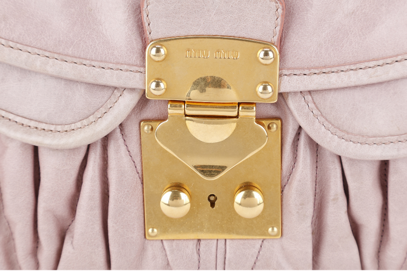 MIU-MIU MIU PINK MATELASSE LEATHER LARGE COFFER BAG GOLD HARDWARE WITH LEATHER STRAPS AND KEYS NO DUST COVER