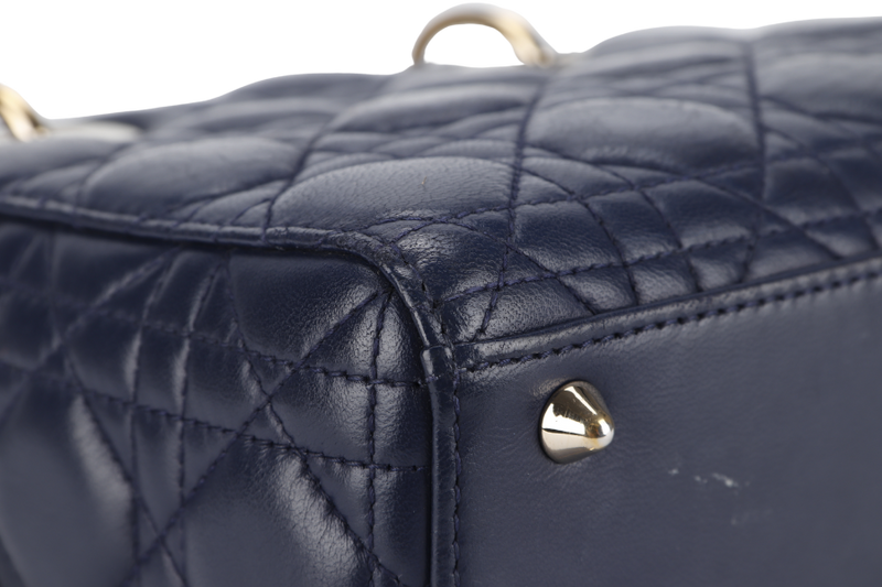 CHRISTIAN DIOR LADY DIOR SMALL (01-RU-1117) NAVY BLUE CANNAGE LAMBSKIN GOLD HARDWARE WITH STRAP, DUST COVER AND BOX