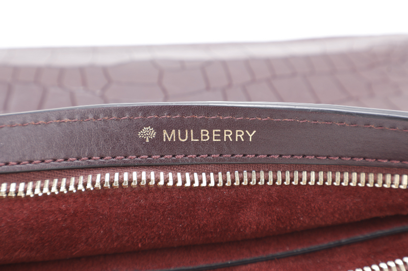 MULBERRY OXBLOOD EMBOSSED CROC LEATHER CLUTCH GOLD HARDWARE WITH DUST COVER