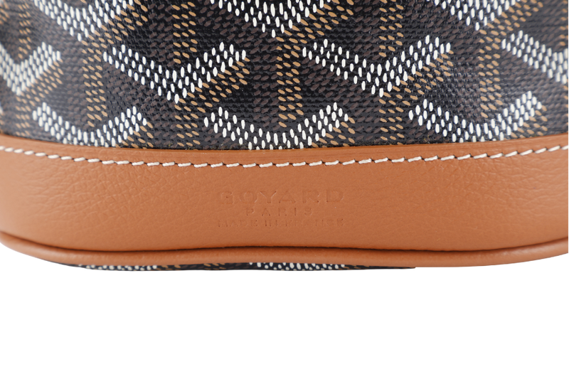 GOYARD PETIT FLOT MINI BUCKET BLACK AND TAN SILVER HARDWARE WITH STRAPS AND DUST COVER