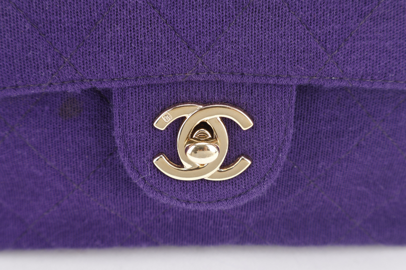 CHANEL CLASSIC FLAP MINI SQUARE (648xxxx) PURPLE JERSEY GOLD HARDWARE WITH DUST COVER AND CARD