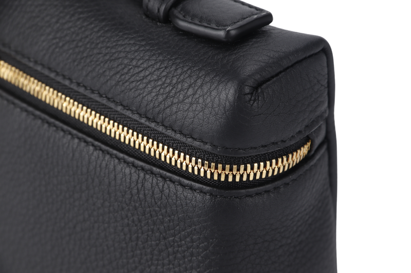 LORO PIANA EXTRA POCKET POUCH L19 BLACK GRAINED CALFSKIN WITH STRAPS GOLD HARDWARE AND DUST COVER