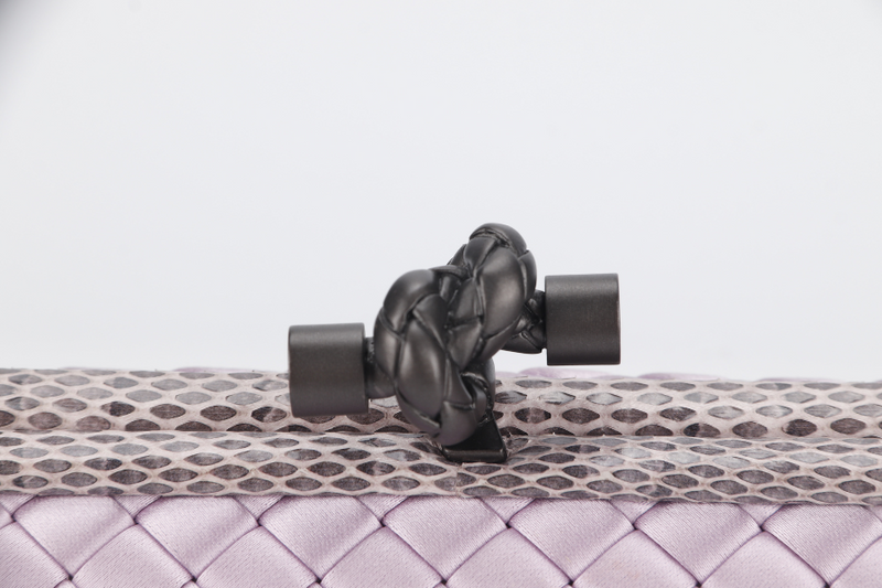 BOTTEGA VENETA KNOT CLUTCH MEDIUM LILAC SATIN BLACK HARDWARE WITH DUST COVER