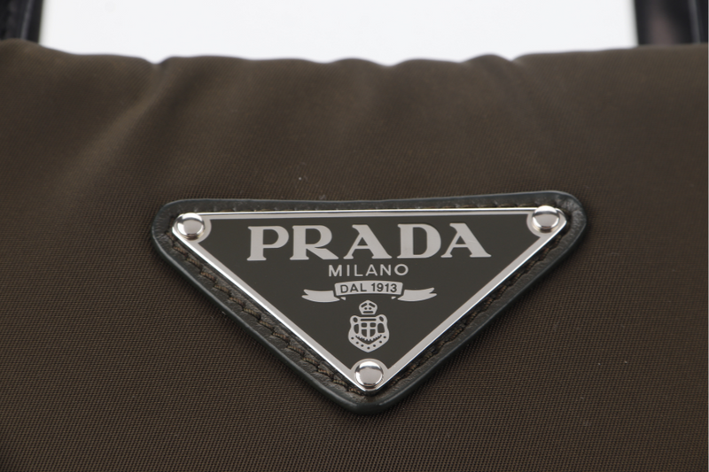 PRADA CARGO TESSUTO POCKET TOTE (1BG273) ARMY GREEN NYLON SILVER HARDWARE WITH STRAP AND DUST COVER