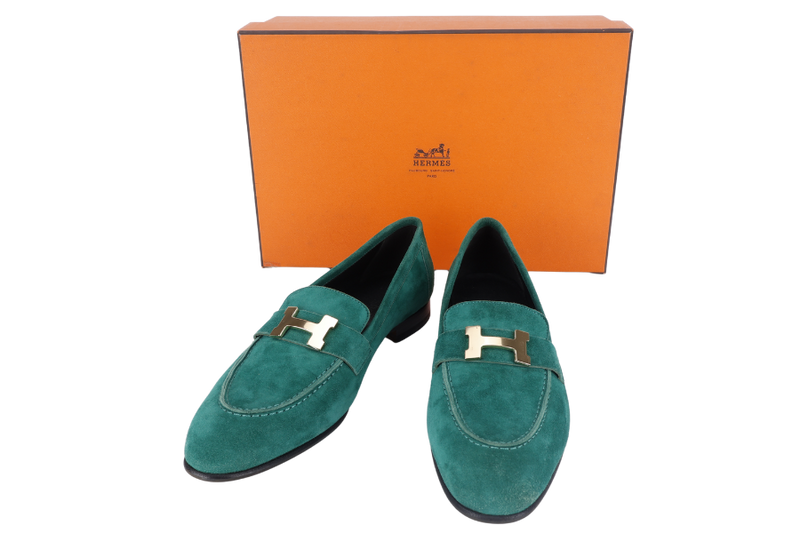 HERMES PARIS LOAFERS SHOES GREEN NUBUCK SIZE 38 WITH BOX