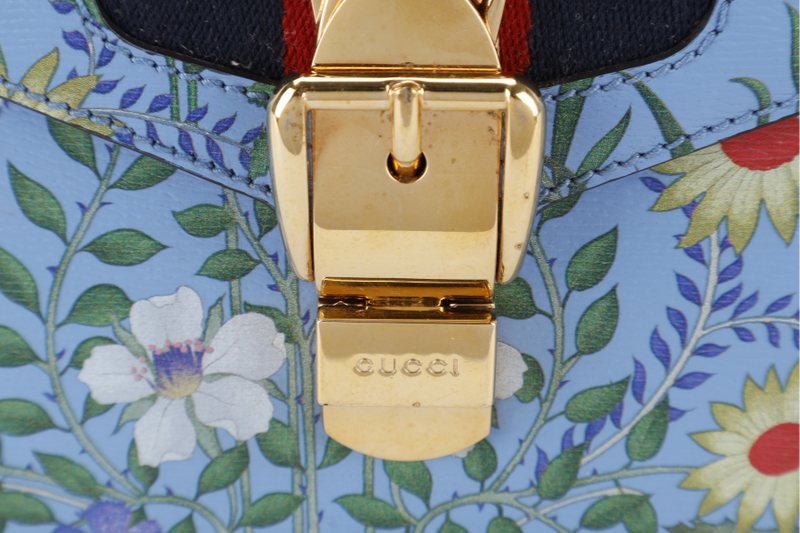 GUCCI FLORAL PRINT BAG MINI BLUE LEATHER GOLD HARDWARE NO DUST COVER