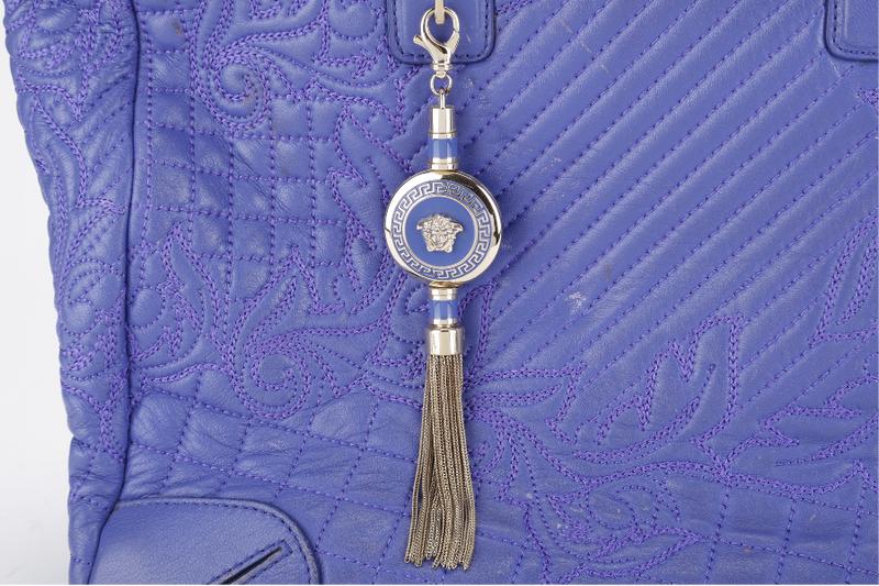 VERSACE PURPLE QUILTED LEATHER ELETTRA VANITAS TOTE GOLD HARDWARE WITH DUST COVER