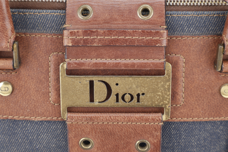 CHRISTIAN DIOR STREET CHIC TROTTER BAG BROWN LEATHER BLUE DEMIN GOLD HARDWARE NO DUST COVER