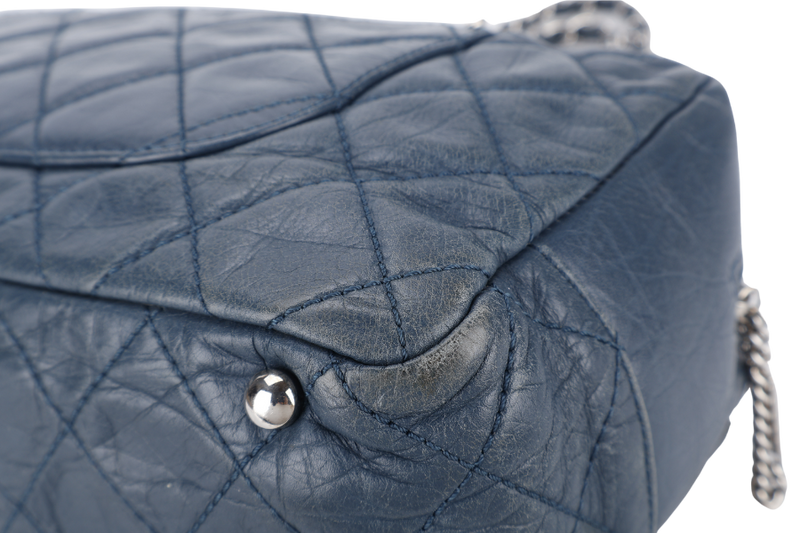 CHANEL CLUB BOWLER BAG (1138xxxx) BLUE CALFSKIN QUILTED COTTON LEATHER SILVER HARDWARE NO DUST COVER