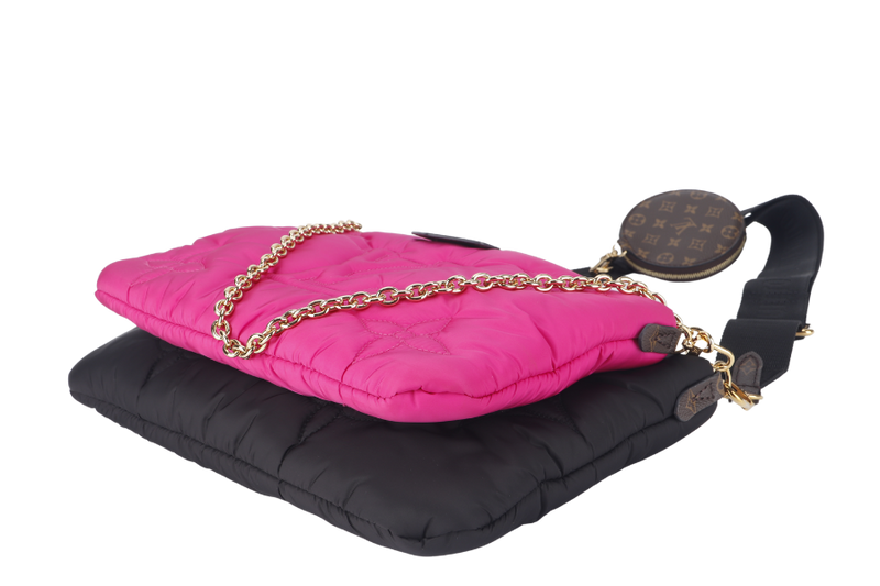 LOUIS VUITTON MAXI MULTI POCHETTE (M58980) BLACK AND FUCHSIA NYLON PILLOW MONOGRAM WITH GOLD CHAIN , STRAP WITH DUST COVER