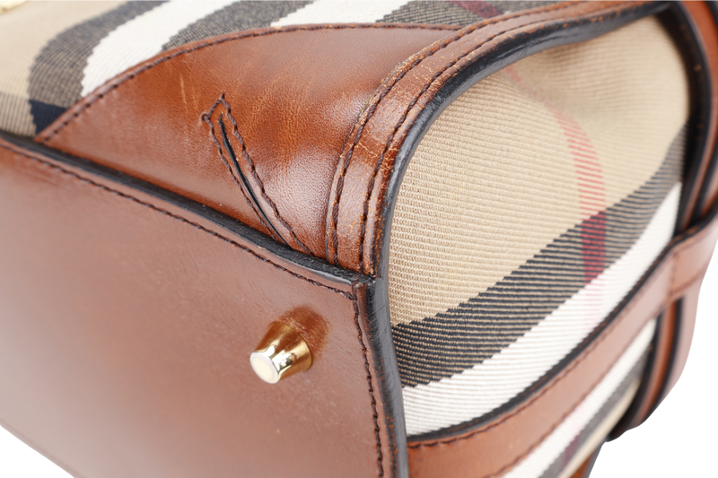 BURBERRY HOUSE CHECK BRIDLE BOWLING BAG BROWN CANVAS AND LEATHER GOLD HARDWARE WITH DUST COVER