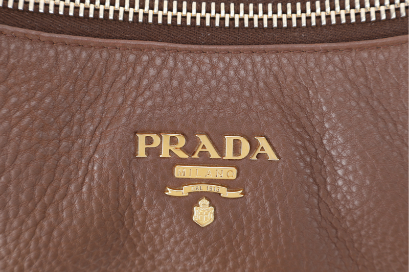 PRADA ZIP TOP HOBO VITELLO DAINO BAG LARGE BROWN LEATHER GOLD HARDWARE NO DUST COVER