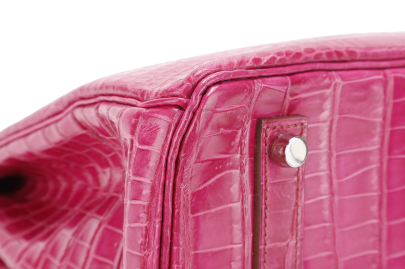 HERMES BIRKIN 35 STAMP N SQUARE (YEAR 2010) ROSE SCHEHERAZADE POROSUS CROC SKIN SILVER HARDWARE WITH KEYS&LOCK, RAINCOAT, DUST COVER & BOX