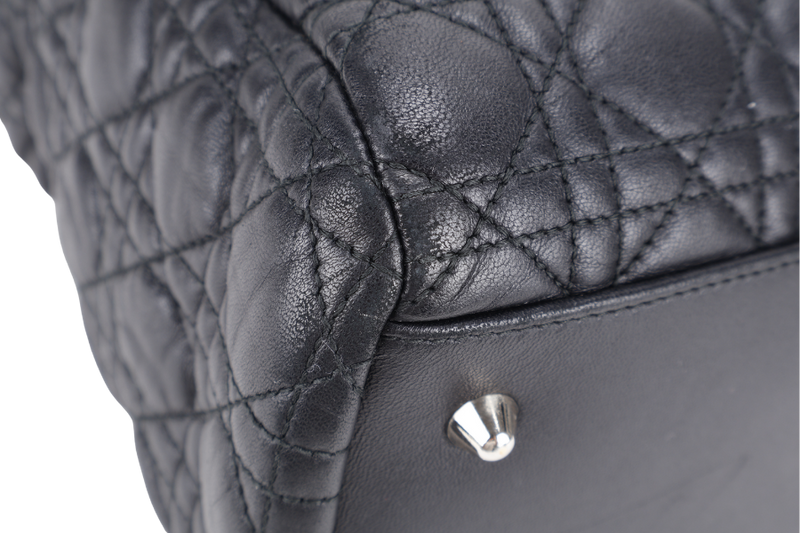 CHRISTIAN DIOR CANNAGE SHOPPING TOTE LARGE BLACK LAMBSKIN SILVER HARDWARE WITH DUST COVER