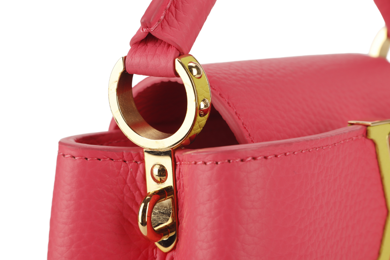 LOUIS VUITTON MINI CAPUCINES (M59440) PINK-LIME TAURILLON LEATHER GOLD HARDWARE MICROCHIP WITH STRAP, DUST COVER AND BOX