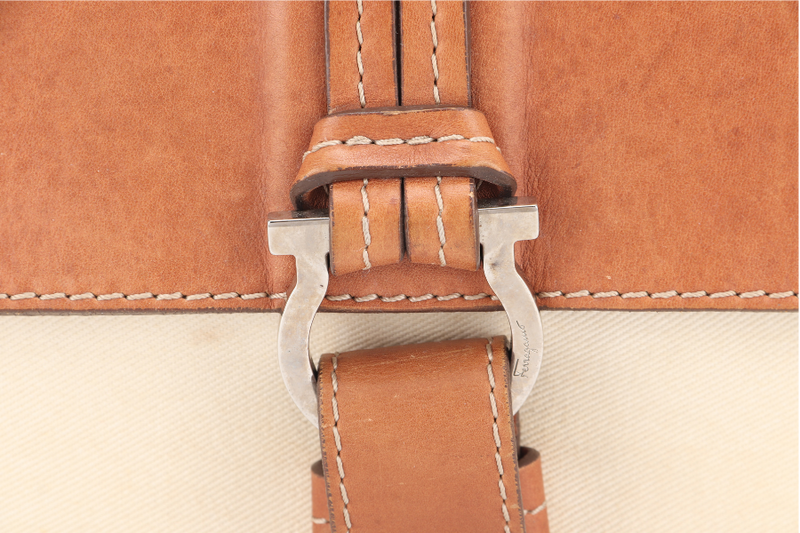 SALVATORE FERRAGAMO MESSENGER BAG SPRING 2012 MENSWEAR BROWN LEATHER WITH CANVAS SILVER HARDWARE NO DUST COVER