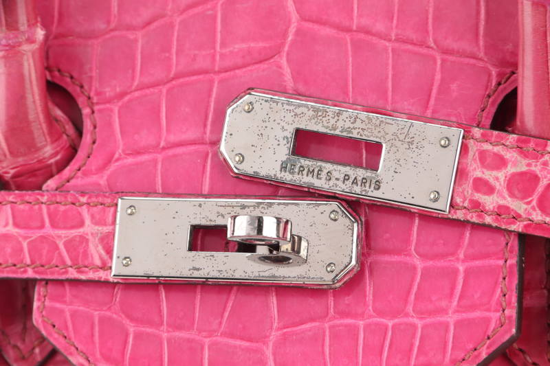 HERMES BIRKIN 35 SHINY POROSUS ROSE TYRIEN SILVER HARDWARE STAMP UNCLEAR WITH KEYS, LOCK, RAINCOAT AND DUST COVER