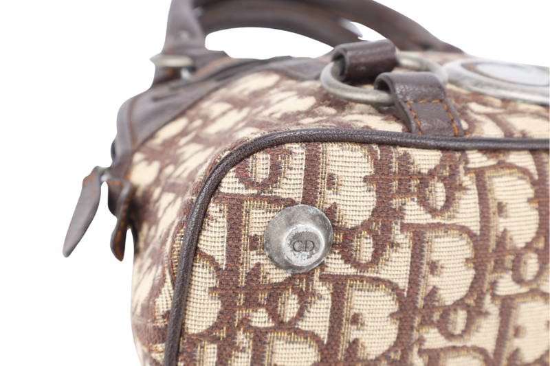 CHRISTIAN DIOR VINTAGE OBLIQUE TROTTER SATCHEL BAG BROWN LEATHER BEIGE CANVAS SILVER HARDWARE (07-BO-0036) NO DUST COVER