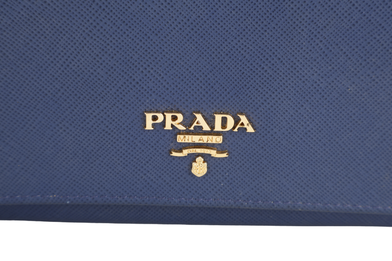 PRADA WRISTLET WALLET DARK BLUE SAFFIANO LEATHER GOLD HARDWARE