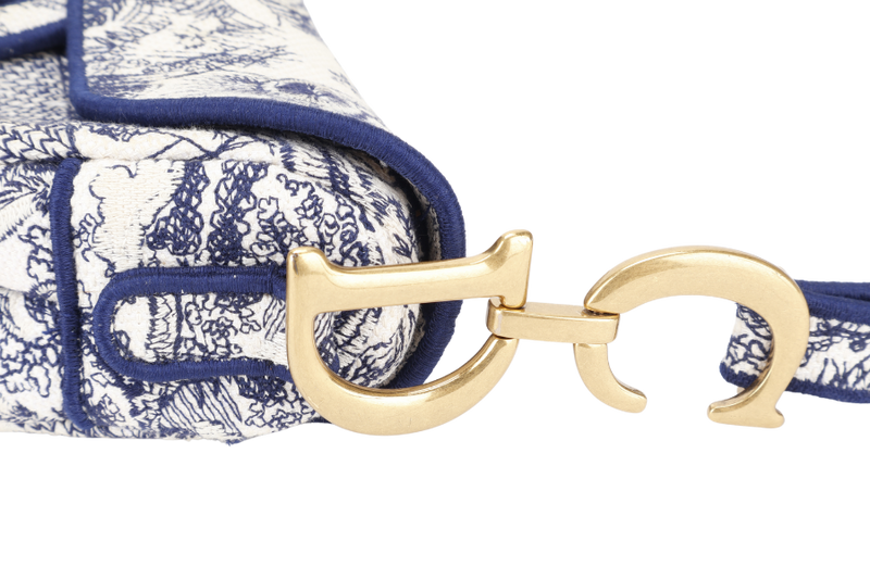 CHRISTIAN DIOR SADDLE TOILE DE JOUY WHITE BLUE CANVAS GOLD HARDWARE WITH DUST COVER AND BOX