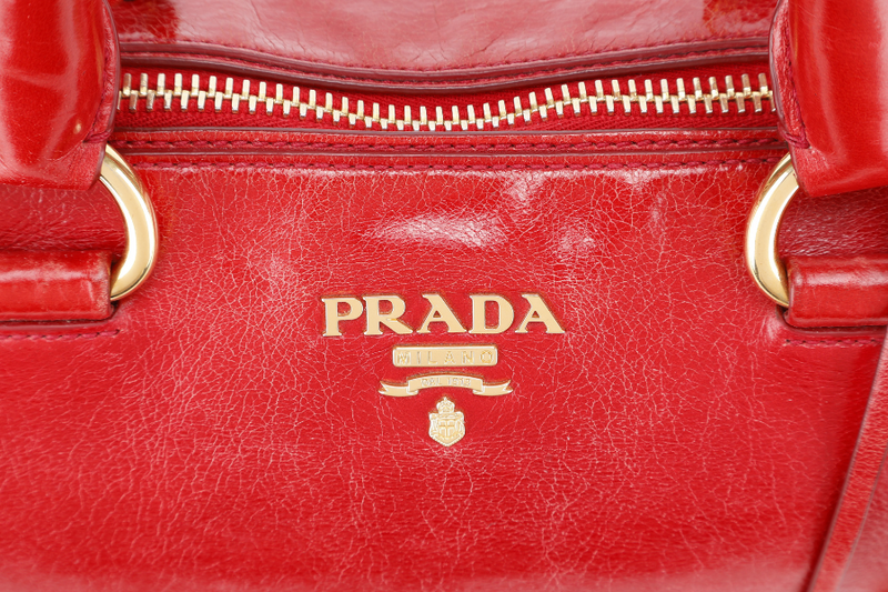 PRADA RED VITELLO SHINE LEATHER (BL0822) ZIP TOTE BAG WITH STRAPS, CARD, KEYS&LOCK AND DUST COVER