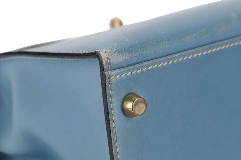 HERMES KELLY 32 STAMP A (YEAR 1997) BLUE JEAN BOX LEATHER GOLD HARDWARE WITH DUST COVER, STRAP , KEYS AND LOCK