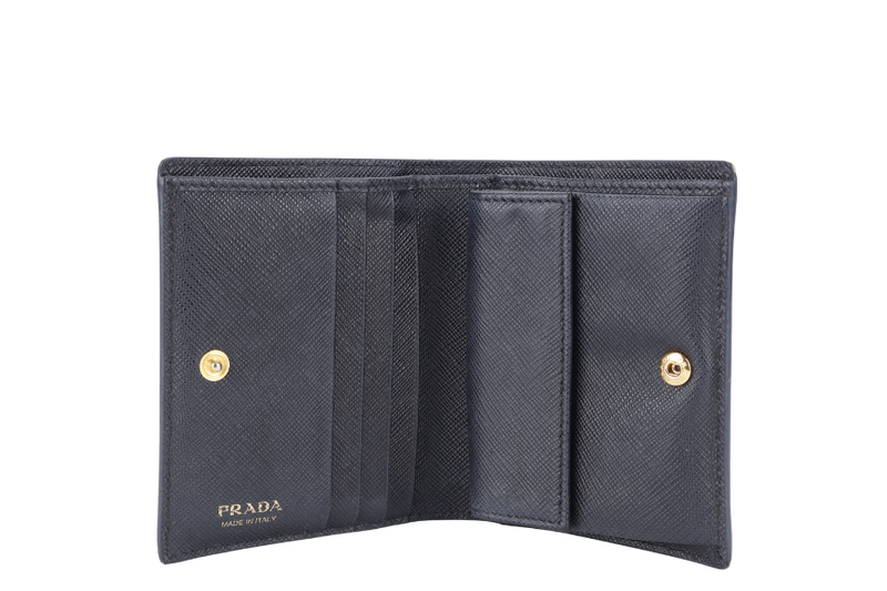 PRADA SMALL BLACK SAFFIANO LEATHER WALLET GOLD HARDWARE WITH CARD AND BOX