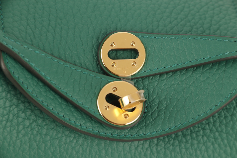 HERMES MINI LINDY STAMP W (YEAR 2024) VERT VERTIGO CLEMENCE GOLD HARDWARE  WITH DUST COVER AND BOX