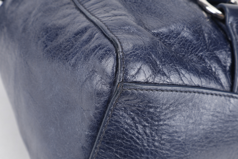 MIU MIU VITELLO SHINE SATCHEL DARK BLUE LEATHER SILVER HARDWARE WITH STRAPS AND NO DUST COVER