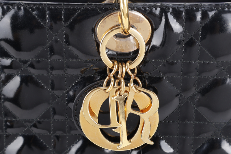 CHRISTIAN DIOR LADY DIOR LARGE PATENT BLACK GOLD HARDWARE WITH CARD AND DUST COVER