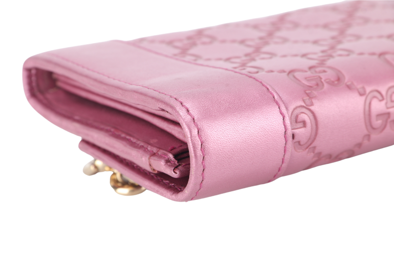 GUCCI GUCCISIMA HEART CHARM PINK LEATHER LONG WALLET GOLD HARDWARE WITH DUST COVER