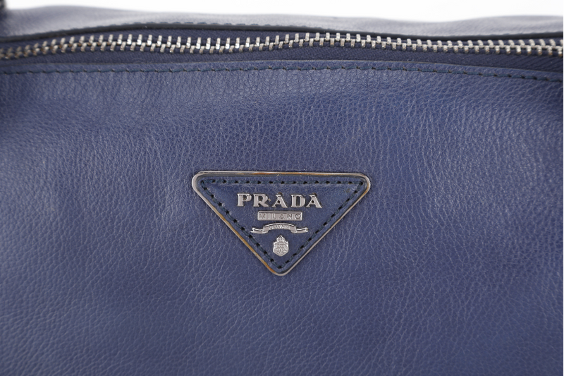 PRADA BR4998 BLUE LARGE LEATHER BOSTON BAG SILVER HARDWARE WITH KEYS & LOCK NO DUST COVER