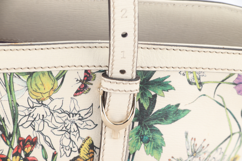 GUCCI FLORA TOTE WHITE LEATHER SILVER HARDWARE NO DUST COVER