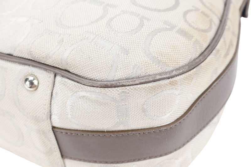 SALVATORE FERRAGAMO GANCINI GREY CANVAS WITH BROWN LEATHER LINING SILVER HARDWARE WITH DUST COVER